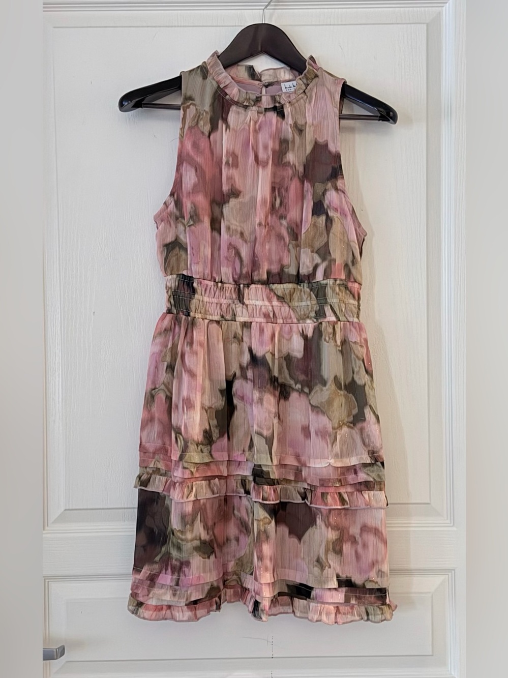 Nicole Miller Pink and Olive Floral Smocked Waist Mini Dress